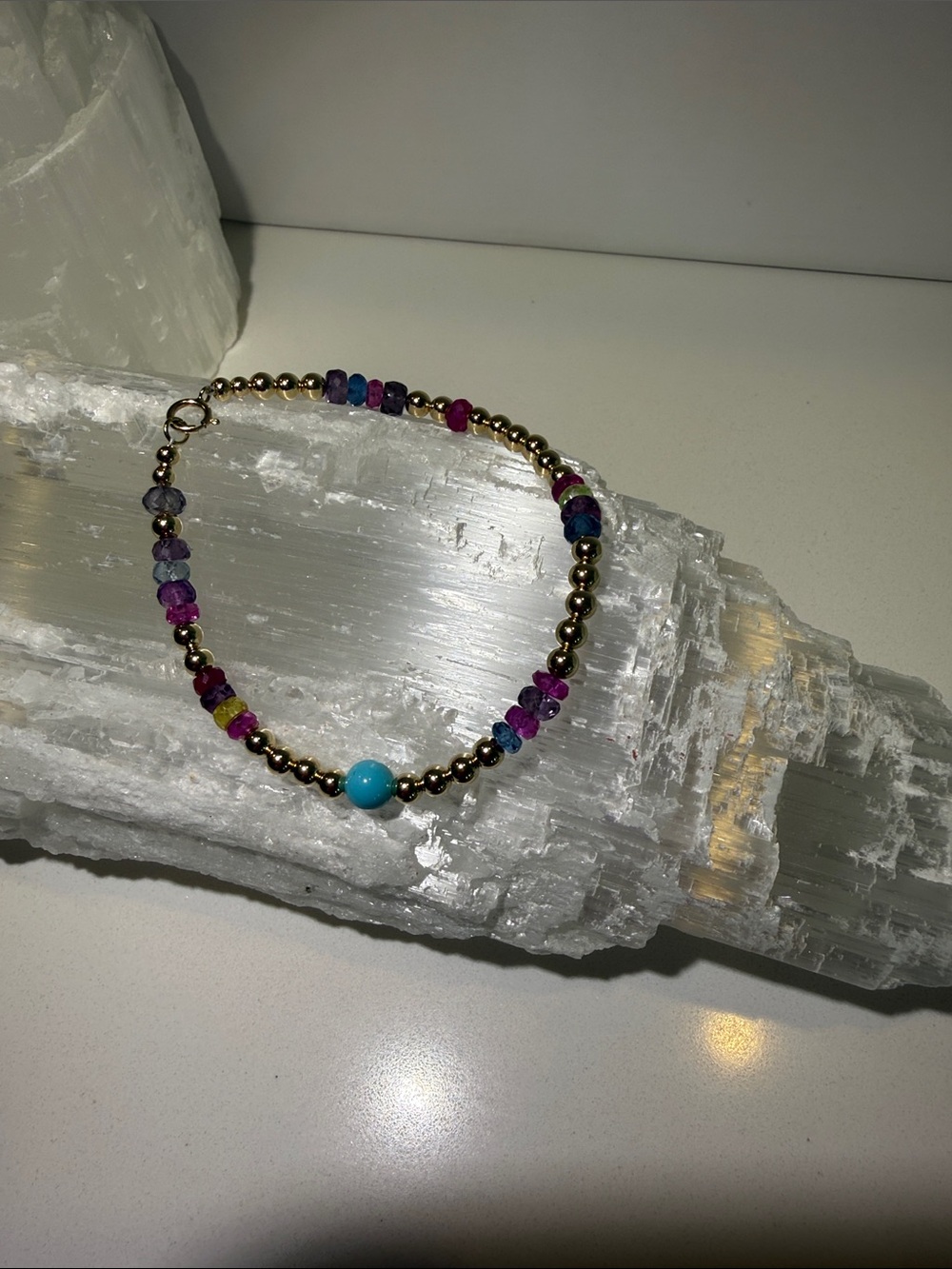 Beaded Bracelet 14k solid, yellow, gold, multicolor, sapphire, turquoise